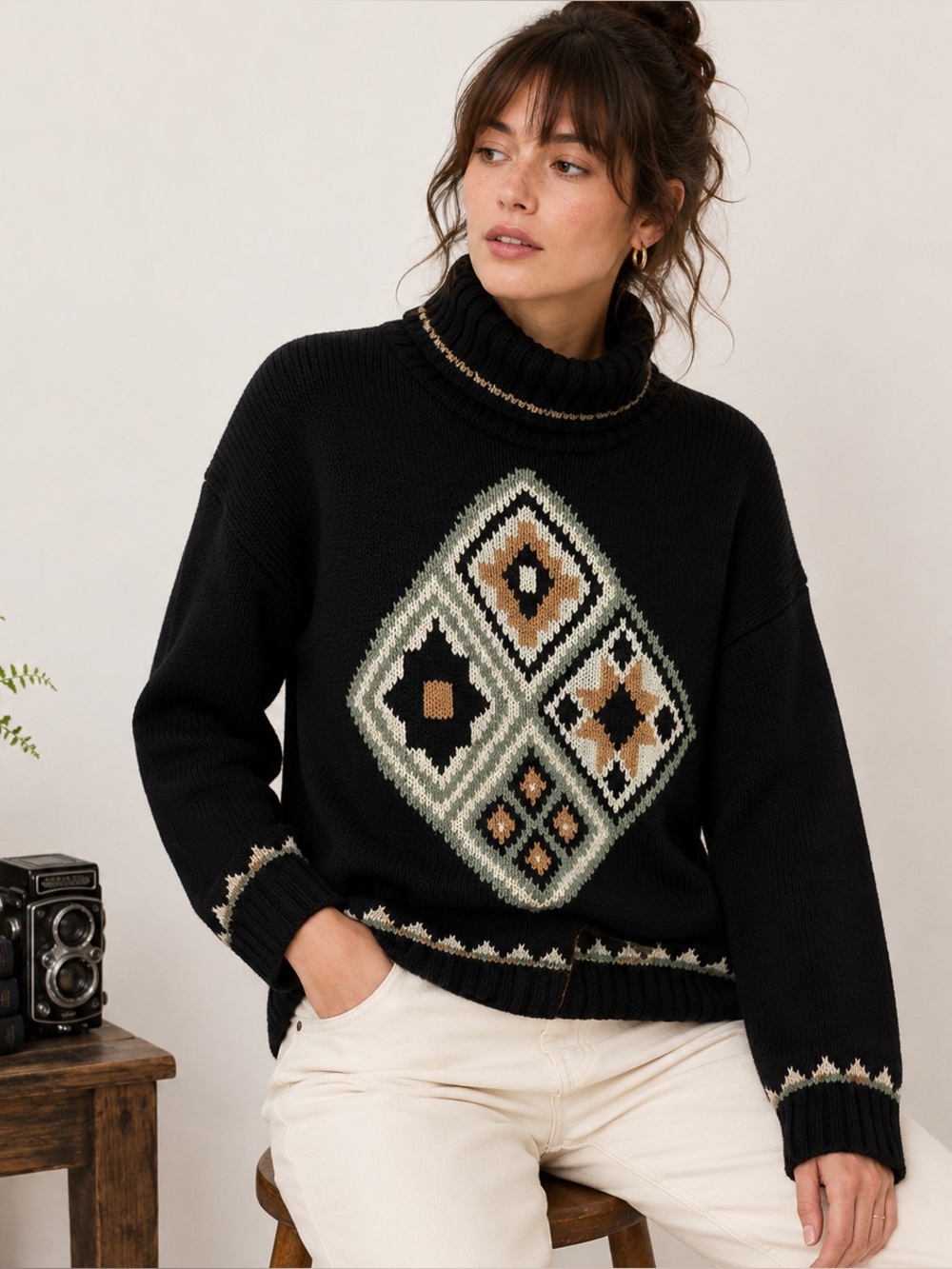 Vintage 80s Lizsport Chunky Geometric Southwestern Turtleneck Sweater XL